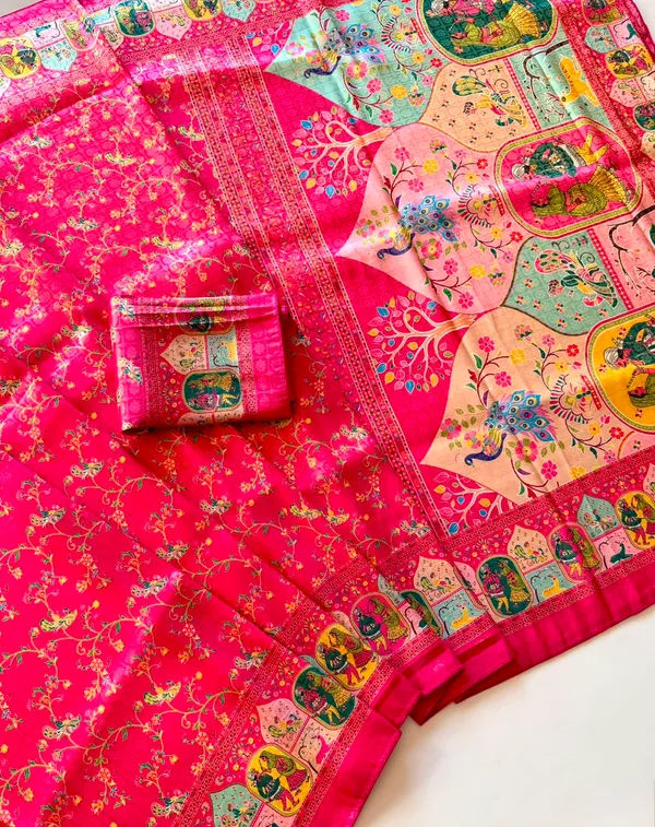 Rani_Pink_Pure_Softy_Silk_Jacquard_Woven_Digital_Heritage_Print_Saree_With_Running_Unstitched_Blouse