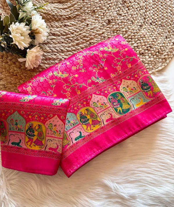 Rani_Pink_Pure_Softy_Silk_Jacquard_Woven_Digital_Heritage_Print_Saree_With_Running_Unstitched_Blouse