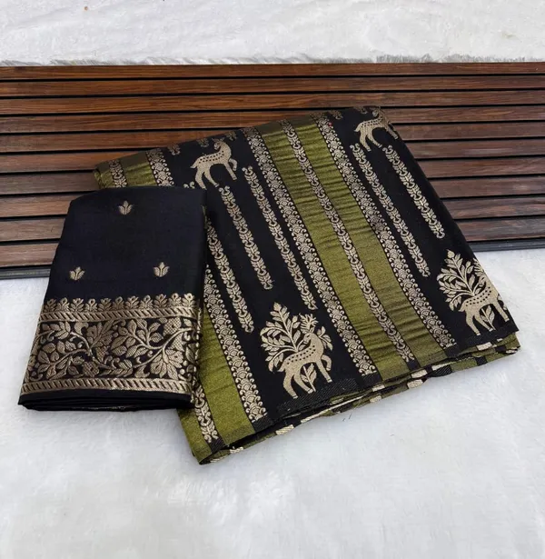 Black_Deer_Motif_Khaddi_Crepe_Georgette_Saree_With_Jacquard_Zari_Weaving_And_Unstitched_Blouse