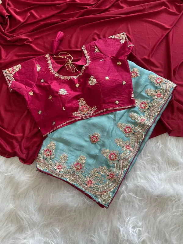 Ice_Blue_Floral_Embroidered_Fendy_Silk_Saree_With_Sequins_Border_And_Unstitched_Contrast_Blouse