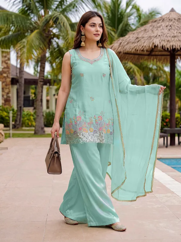 Sea_Green_Embroidered_Frens_Crepe_Flared_Kurta_Set_With_Palazzo_&_Chinon_Silk_Dupatta