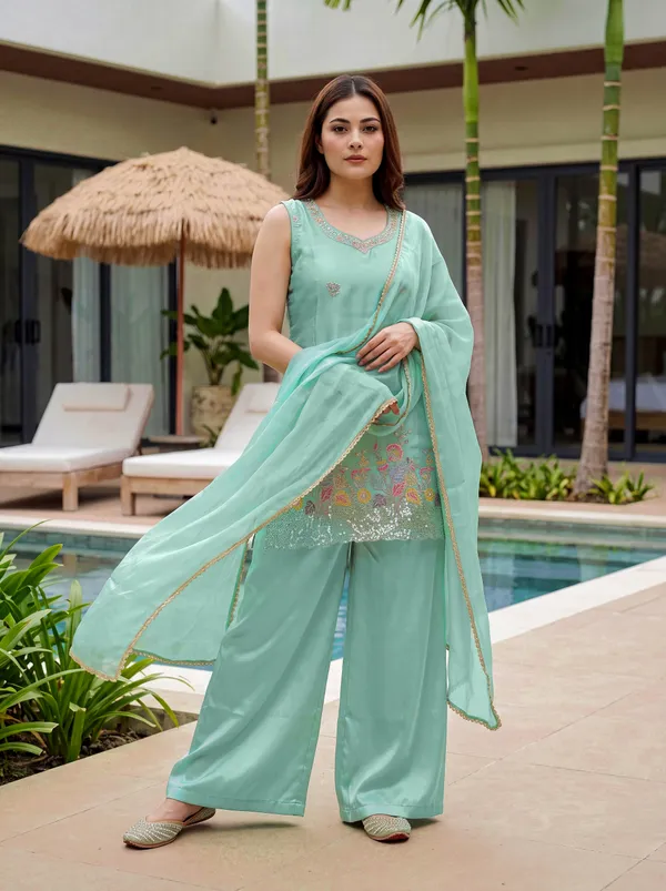 Sea_Green_Embroidered_Frens_Crepe_Flared_Kurta_Set_With_Palazzo_&_Chinon_Silk_Dupatta