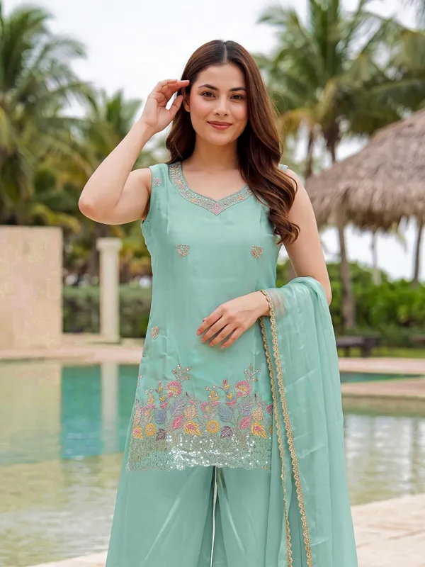 Sea_Green_Embroidered_Frens_Crepe_Flared_Kurta_Set_With_Palazzo_&_Chinon_Silk_Dupatta