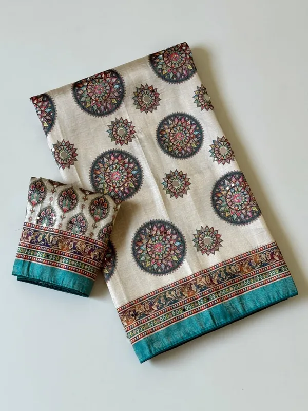 Premium_Teal_Green_Mandala_Print_Dola_Silk_Saree_With_Mirror_Work_Unstitched_Blouse