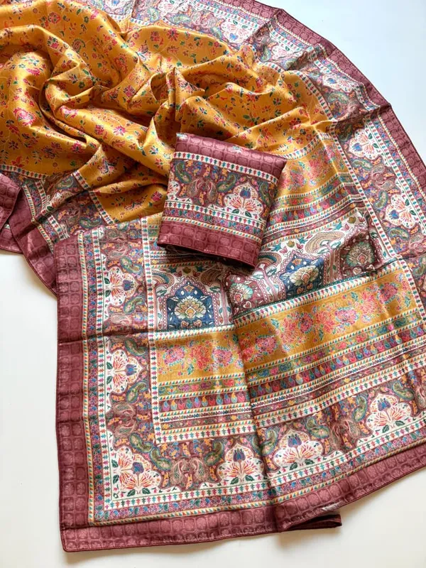 Mustard_Yellow_Floral_Dola_Silk_Saree_With_Jacquard_Paisley_Border_And_Unstitched_Blouse