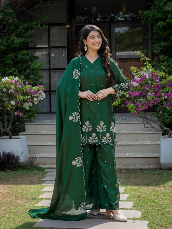 Premium_Mehendi_Green_Chinnon_Embroidered_Kurta_Pant_Dupatta_Set_For_Women
