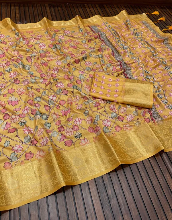 Mustard_Yellow_Floral_Kalamkari_Malabari_Silk_Saree_With_Jacquard_Border_And_Unstitched_Blouse