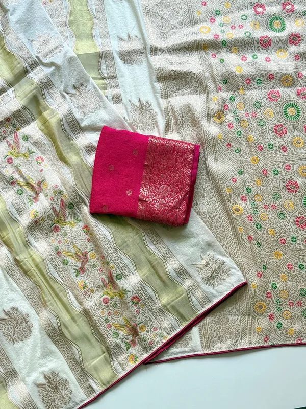 Pastel_Mint_Meenakari_Bird_Motif_Chinya_Tissue_Shimmer_Crepe_Georgette_Saree_With_Rich_Pallu_Unstitched_Blouse