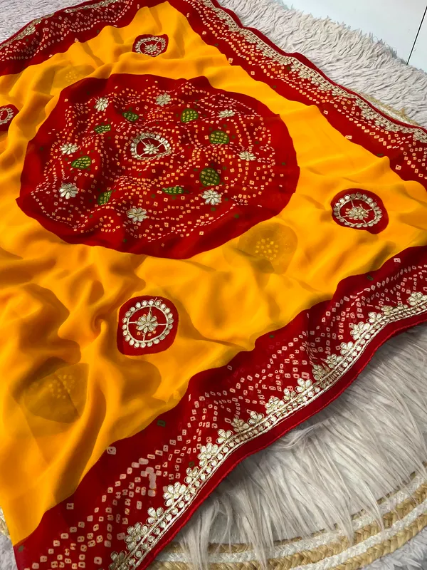 Haldi_Yellow_Jaipuri_Gota_Patti_Pure_Soft_Georgette_Bandhej_Saree_With_Premium_C-Pallu_And_Unstitched_Blouse