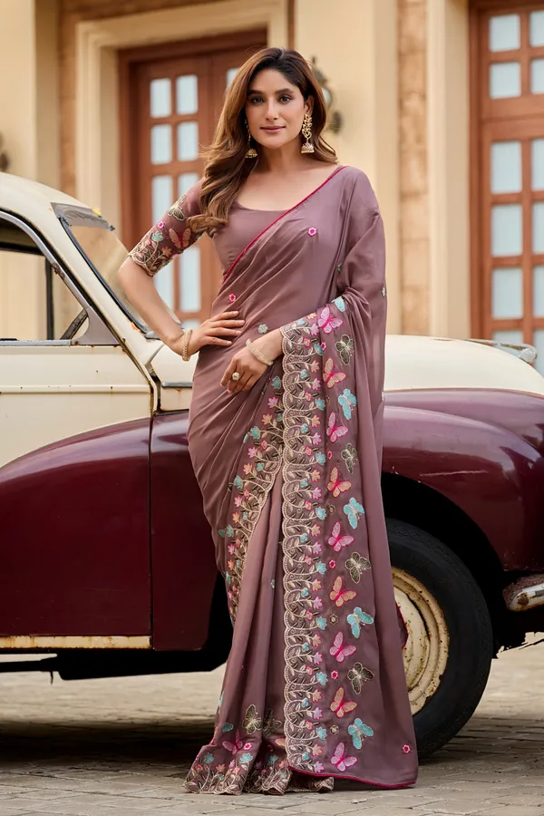 Taupe_Brown_Butterfly_Floral_Embroidered_Rangoli_Saree_With_Heavy_Panel_Work_Unstitched_Blouse