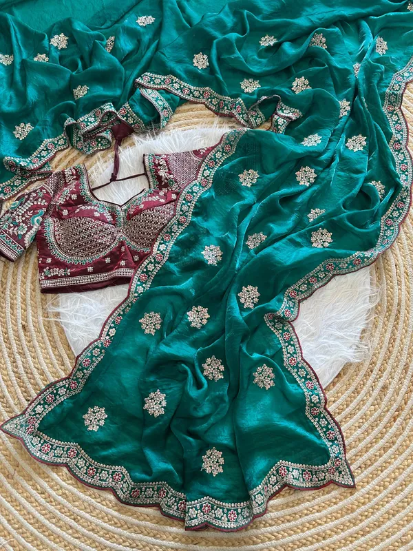 Teal_Green_Sequins_Embroidered_Fendy_Satin_Designer_Saree_With_Stitched_Blouse