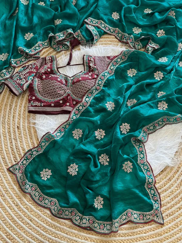 Teal_Green_Sequins_Embroidered_Fendy_Satin_Designer_Saree_With_Stitched_Blouse
