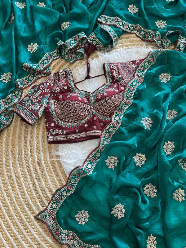 Teal_Green_Sequins_Embroidered_Fendy_Satin_Designer_Saree_With_Stitched_Blouse