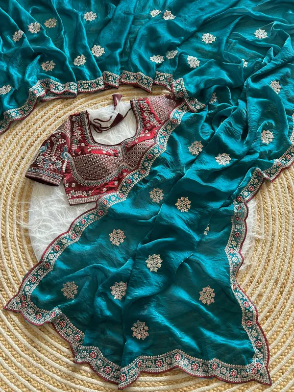 Turquoise_Blue_Sequins_Embroidered_Fendy_Satin_Designer_Saree_With_Stitched_Blouse