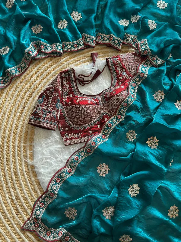 Turquoise_Blue_Sequins_Embroidered_Fendy_Satin_Designer_Saree_With_Stitched_Blouse