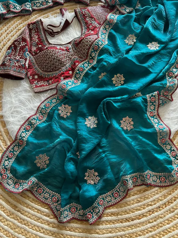 Turquoise_Blue_Sequins_Embroidered_Fendy_Satin_Designer_Saree_With_Stitched_Blouse