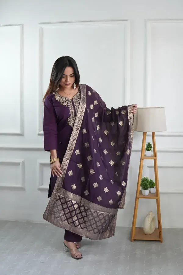 Wine_Elegant_Embroidered_Roman_Silk_Kurta_With_Pant_Dupatta_For_Women