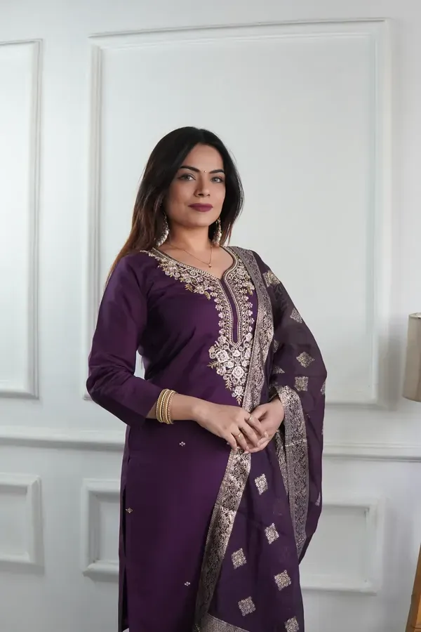 Wine_Elegant_Embroidered_Roman_Silk_Kurta_With_Pant_Dupatta_For_Women