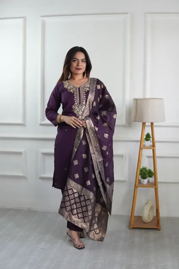 Wine_Elegant_Embroidered_Roman_Silk_Kurta_With_Pant_Dupatta_For_Women