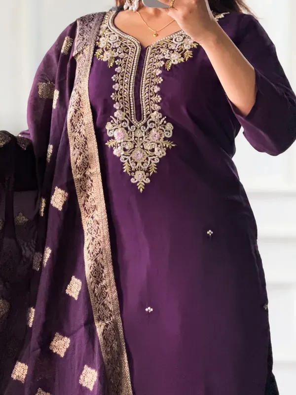 Wine_Elegant_Embroidered_Roman_Silk_Kurta_With_Pant_Dupatta_For_Women