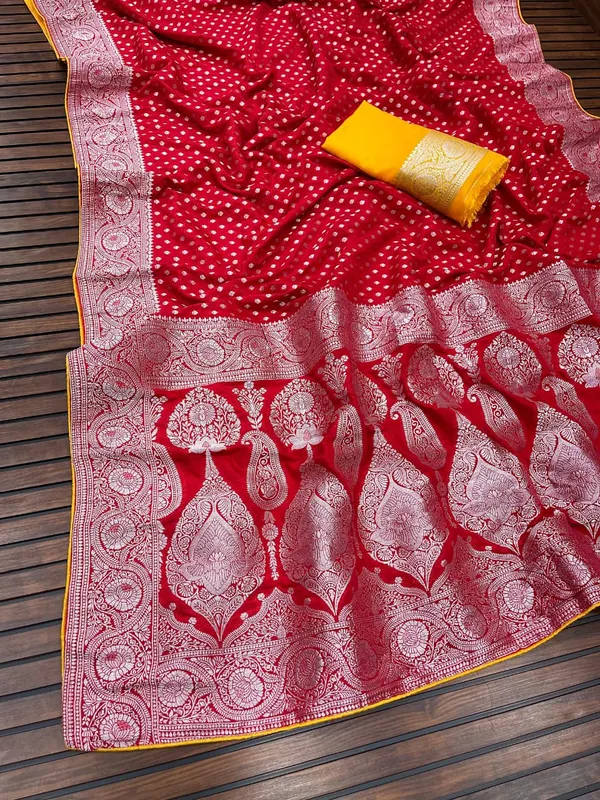 Ruby_Red_Silver_Zari_Jacquard_Khaddi_Crepe_Georgette_Saree_Rich_Pallu_With_Unstitched_Blouse