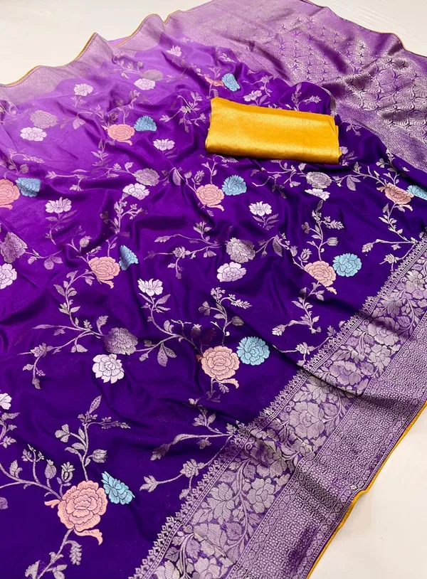 Orchid_Purple_Meenakari_Floral_Kaddi_Crepe_Georgette_Saree_With_Contrast_Brocade_Blouse