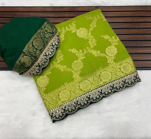 Parrot_Green_Floral_Jacquard_Khadi_Crepe_Georgette_Saree_With_Sequins_Cutwork_Lace_Unstitched_Blouse