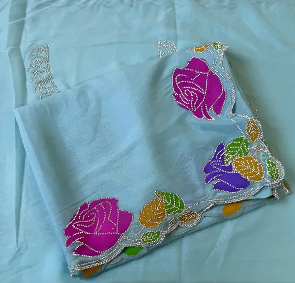 Ice_Blue_Rose_Diamond_Cutwork_Star_Georgette_Saree_With_Handcrafted_Floral_Border_Unstitched_Blouse