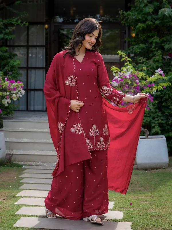 Premium_Wine_Red_Chinnon_Embroidered_Kurta_Pant_Dupatta_Set_For_Women