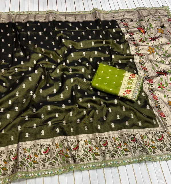 Olive_Black_Meenakari_Paithani_Tissue_Silk_Saree_With_Rich_Zari_Pallu_&_Unstitched_Embroidered_Blouse