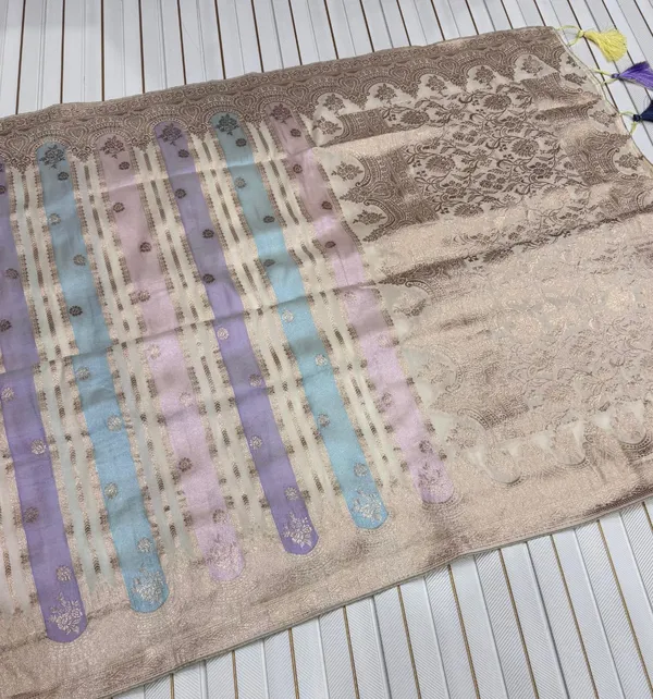 Ivory_Pastel_Stripe_Viscose_Khaddi_Crepe_Georgette_Saree_With_Gold_Jacquard_Tassel_Pallu_Unstitched_Blouse