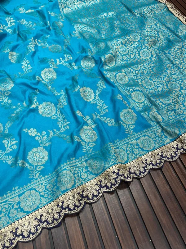 Turquoise_Blue_Floral_Jacquard_Khadi_Crepe_Georgette_Saree_With_Sequins_Cutwork_Lace_Unstitched_Blouse
