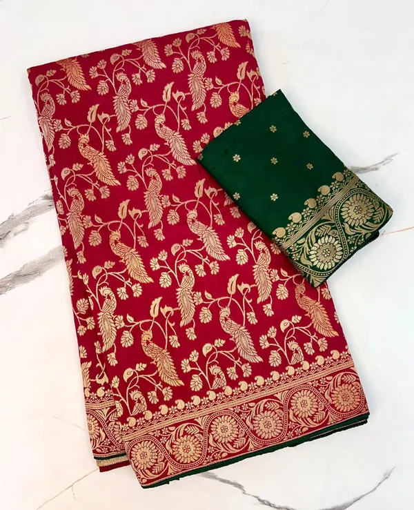 Rani_Pink_Peacock_Floral_Banarasi_Viscose_Dola_Silk_Saree_With_Rich_Zari_Meena_Pallu_And_Unstitched_Blouse