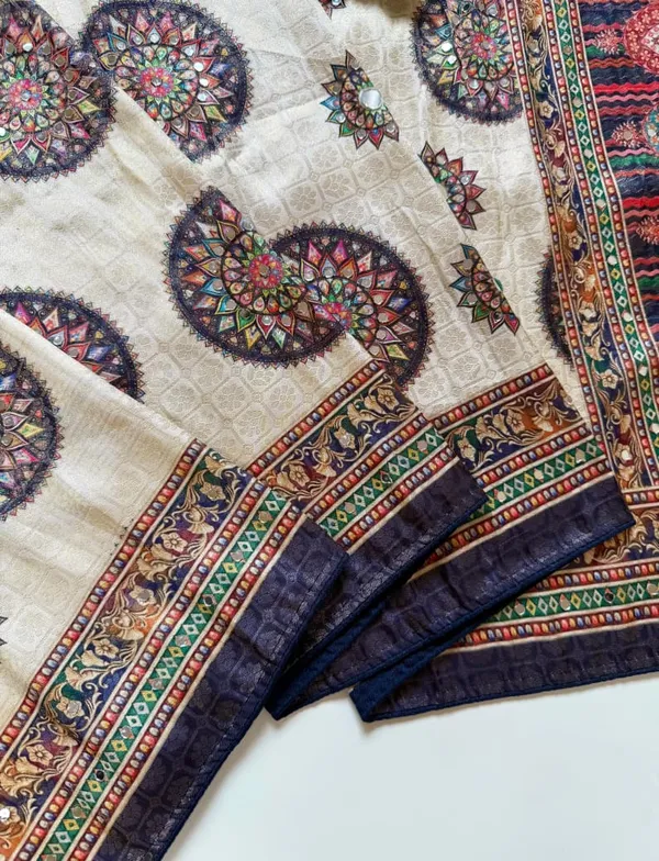 Premium_Ivory_Mandala_Print_Dola_Silk_Saree_With_Mirror_Work_Unstitched_Blouse