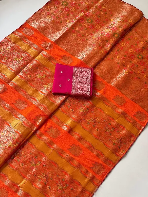 Burnt_Orange_Meenakari_Bird_Motif_Chinya_Tissue_Shimmer_Crepe_Georgette_Saree_With_Rich_Pallu_Unstitched_Blouse