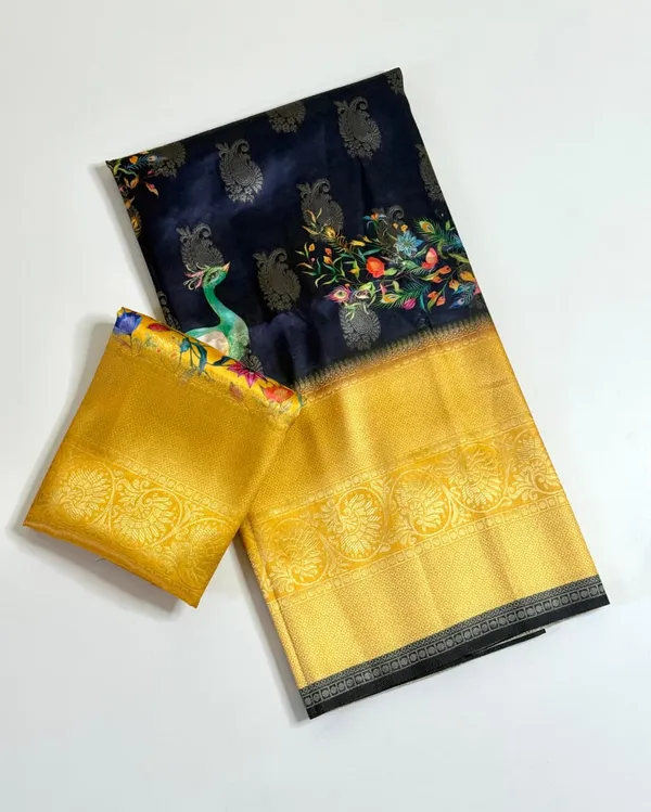 Mustard_Peacock_Digital_Print_Dola_Silk_Saree_With_Jacquard_Mango_Butti_Border_And_Unstitched_Blouse