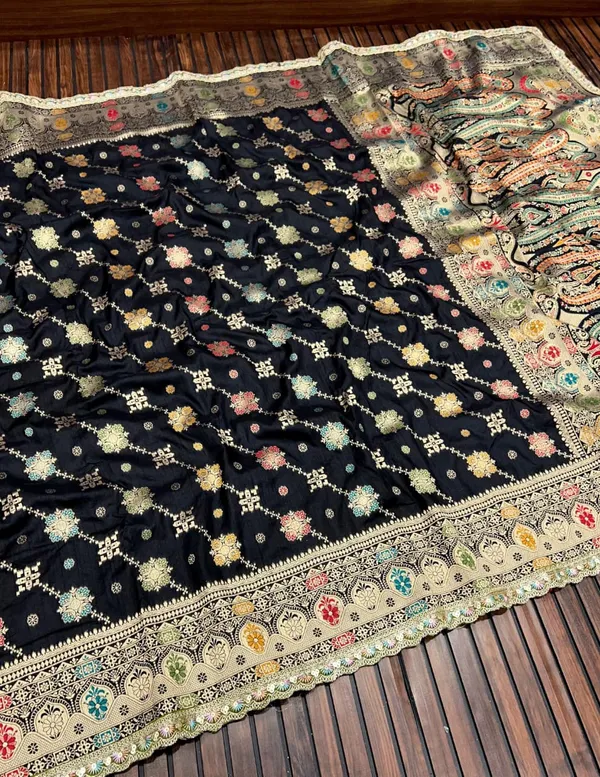 Midnight_Black_Lakhnavi_Meena_Jacquard_Dola_Silk_Saree_With_Rich_Paisley_Pallu_And_Unstitched_Blouse