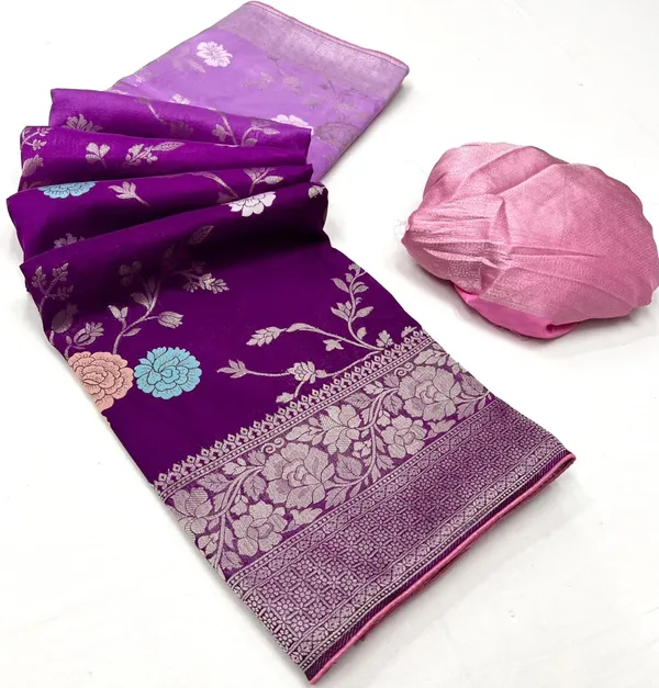 Imperial_Purple_Floral_Meenakari_Kaddi_Crepe_Georgette_Saree_With_Contrast_Brocade_Blouse