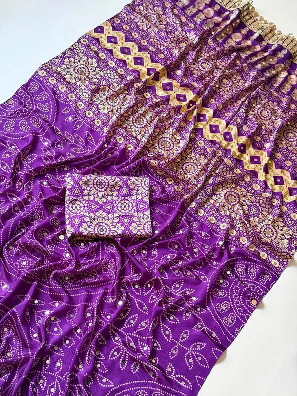 Royal_Purple_Bandhani_Mirror_Work_Crepe_Silk_Saree_With_Designer_Cutwork_Pallu_Unstitched_Blouse