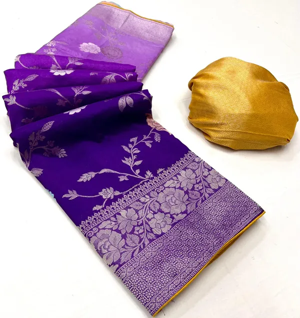 Orchid_Purple_Meenakari_Floral_Kaddi_Crepe_Georgette_Saree_With_Contrast_Brocade_Blouse