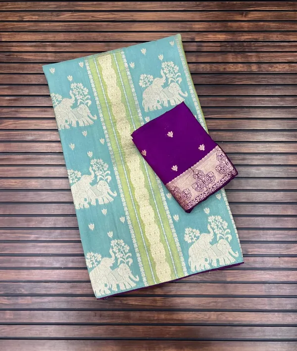 Sea_Green_Twin_Elephant_Zari_Weave_Chinya_Tisu_Silk_Saree_With_Royal_Purple_Unstitched_Blouse