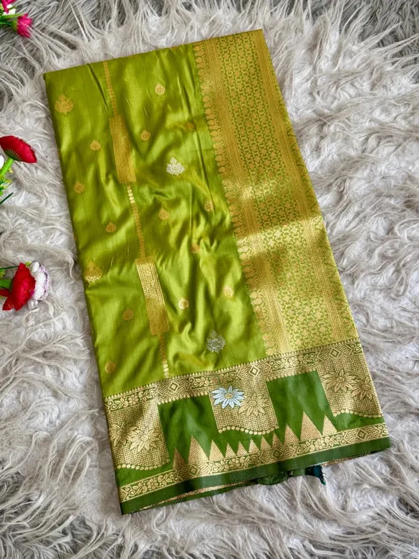 Olive_Green_Gold_Zari_Banarasi_Luxaria_Silk_Saree_With_Grand_Rich_Pallu_Unstitched_Brocade_Blouse
