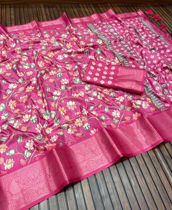 Rose_Pink_Floral_Kalamkari_Malabari_Silk_Saree_With_Jacquard_Border_And_Unstitched_Blouse