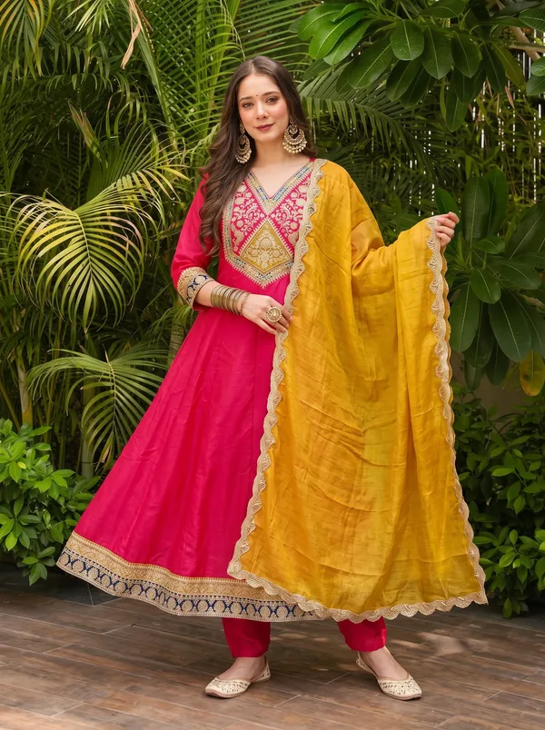 Vichitra_Silk_with_Lining_Embroidered_Flared_Kurta_with_Pant_and_Dupatta