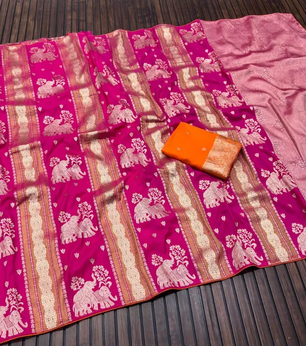Rani_Pink_Twin_Elephant_Zari_Weave_Chinya_Tisu_Silk_Saree_With_Contrast_Orange_Unstitched_Blouse