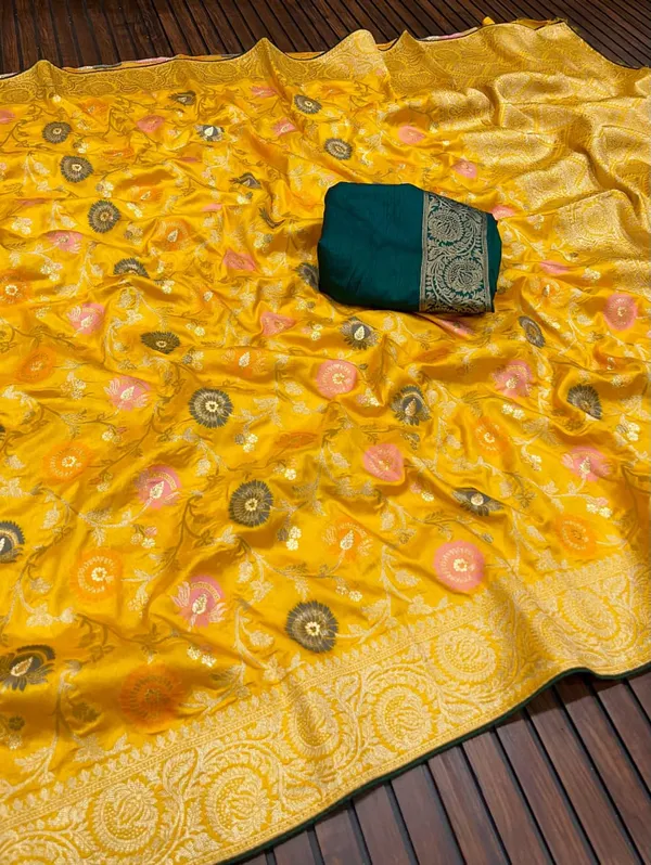 Mustard_Yellow_Meenakari_Jaal_Viscose_Dola_Silk_Saree_With_Grand_Zari_Border_Unstitched_Contrast_Blouse