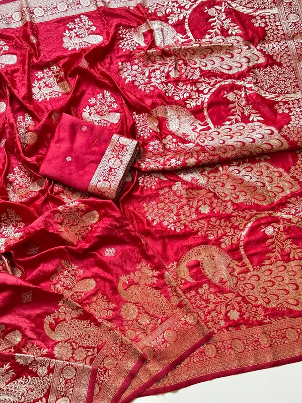 Crimson_Red_Peacock_Jacquard_Satin_Silk_Saree_With_Rich_Pallu_Unstitched_Running_Blouse