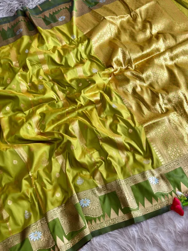 Lime_Green_Gold_Zari_Banarasi_Luxaria_Silk_Saree_With_Grand_Rich_Pallu_Unstitched_Brocade_Blouse