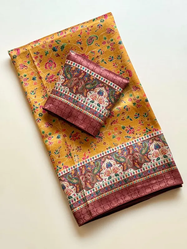 Mustard_Yellow_Floral_Dola_Silk_Saree_With_Jacquard_Paisley_Border_And_Unstitched_Blouse