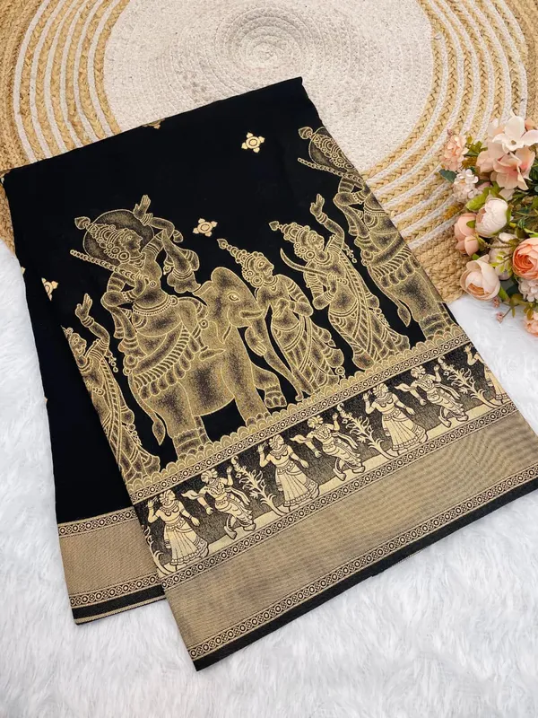 Classic_Black_Kalamkari_Figure_Khaddi_Crepe_Georgette_Saree_With_Rich_Jacquard_Pallu_Unstitched_Blouse